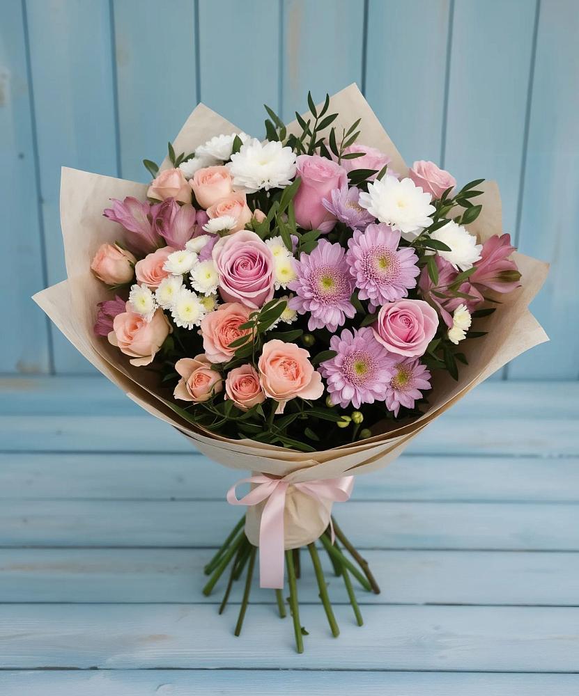 Букет цветов из: Хризантемы, Розы и Альстромерии в Гороховке