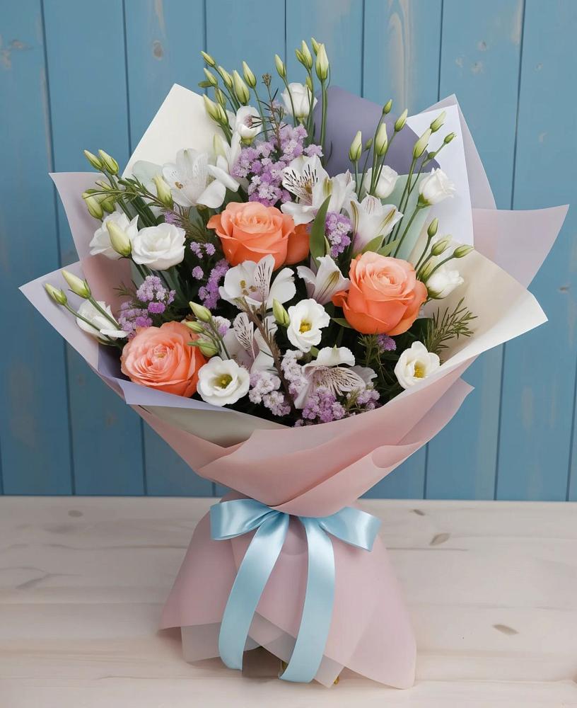Букет цветов из: Лизиантусы, Розы, Альстромерии и Гипсофила в Гороховке