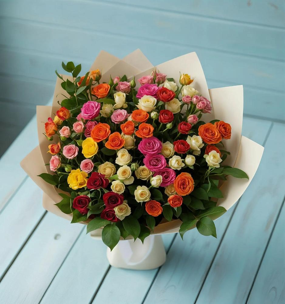 Букет Микс из разноцветных кустовых роз в Гороховке