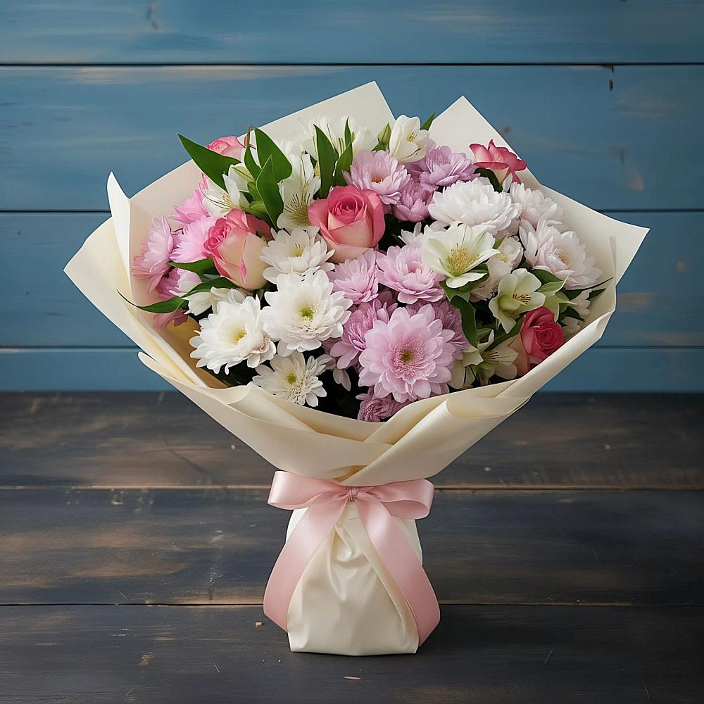 Букет цветов из: Хризантемы, Альстромерии и Розы в Гороховке